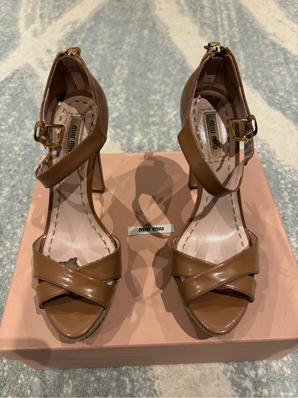 Miu Miu Patent Brown Leather Crisscross Ankle-Strap Jute Heels size 37.5